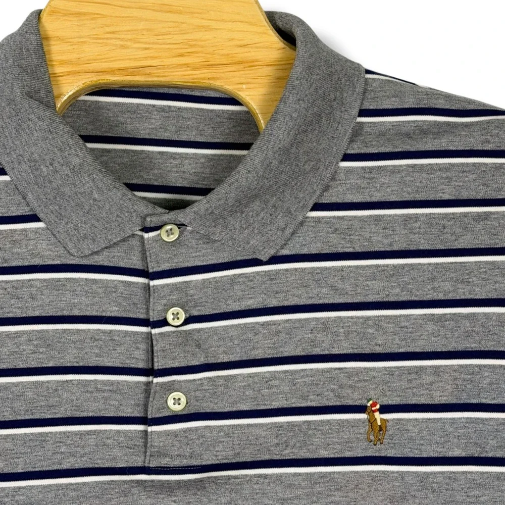 Polo Ralph Lauren Polo Mens XL Grey Navy Striped Cotton Blend Short Sleeve Logo